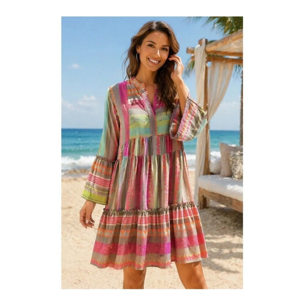 Elan Multi-Color V-Neck Bell Sleeve Tiered Babydoll Mini Dress  Size M  Resort